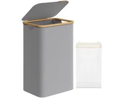 SONGMICS - Wasmand met deksel - 90L wasmand - Oxfordstof en bamboe handgrepen - opvouwbaar - 42 x 32 x 70,5 cm - grijs