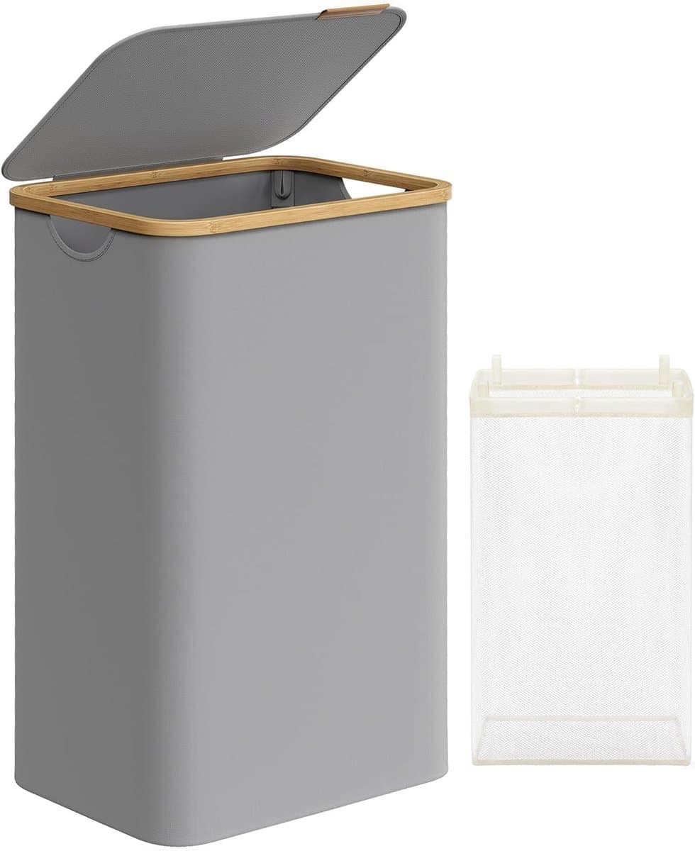 SONGMICS - Wasmand met deksel - 90L wasmand - Oxfordstof en bamboe handgrepen - opvouwbaar - 42 x 32 x 70,5 cm - grijs — afbeelding 1