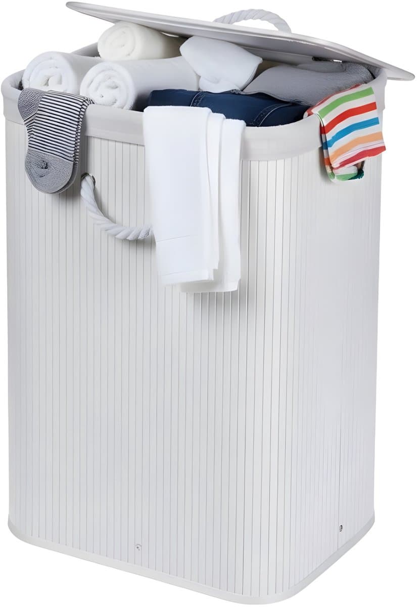 Lomera Opvouwbare Wasmand - Bamboe Wasmand - Witte Wasmand - Wasmand Met Deksel - Lichtgewicht Wasmand - Ruimtebesparende Wasmand - Wasmand Met Handvatten - Wasmand Met Polyester Zak - Flexibele Wasmand - Wasmand — afbeelding 1