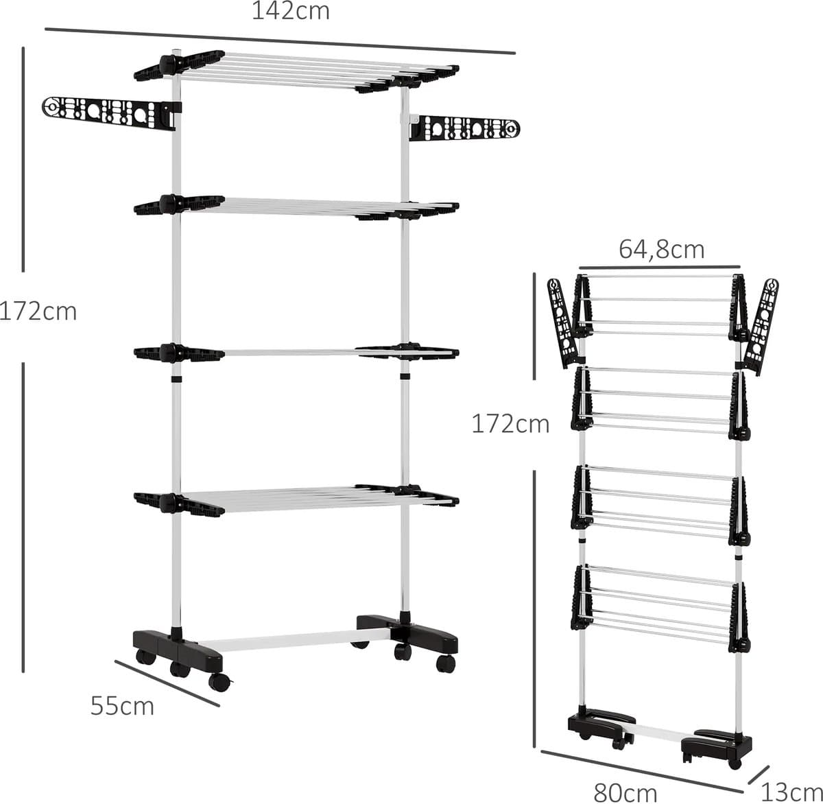 Pugsdrly Wasrek Wasdroger 5 niveaus, opvouwbaar, One-Click-systeem, 142 cm x 55 cm x 172 cm, zwart + zilver — afbeelding 1