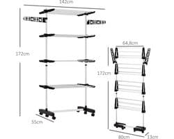 Pugsdrly Wasrek Wasdroger 5 niveaus, opvouwbaar, One-Click-systeem, 142 cm x 55 cm x 172 cm, zwart + zilver