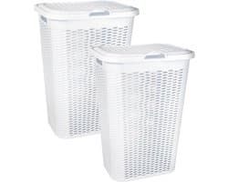 Plasticforte Wasmand Ventilation - 2x - met deksel - wit - kunststof - 51 liter - 43 x 35 x 61 cm - Badkamer - Wasgoed - Nieuw design - Zeer stevig