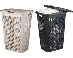 Wasmand Ventilation - met deksel - 2x stuks - zwart en beige - 50 liter - 61 x 43 cm
