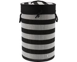Tendance Wasmand Rustic met deksel bamboe - zwart/wit - rond - katoen/bamboe - 67 liter - 35 x 35 x 55 cm