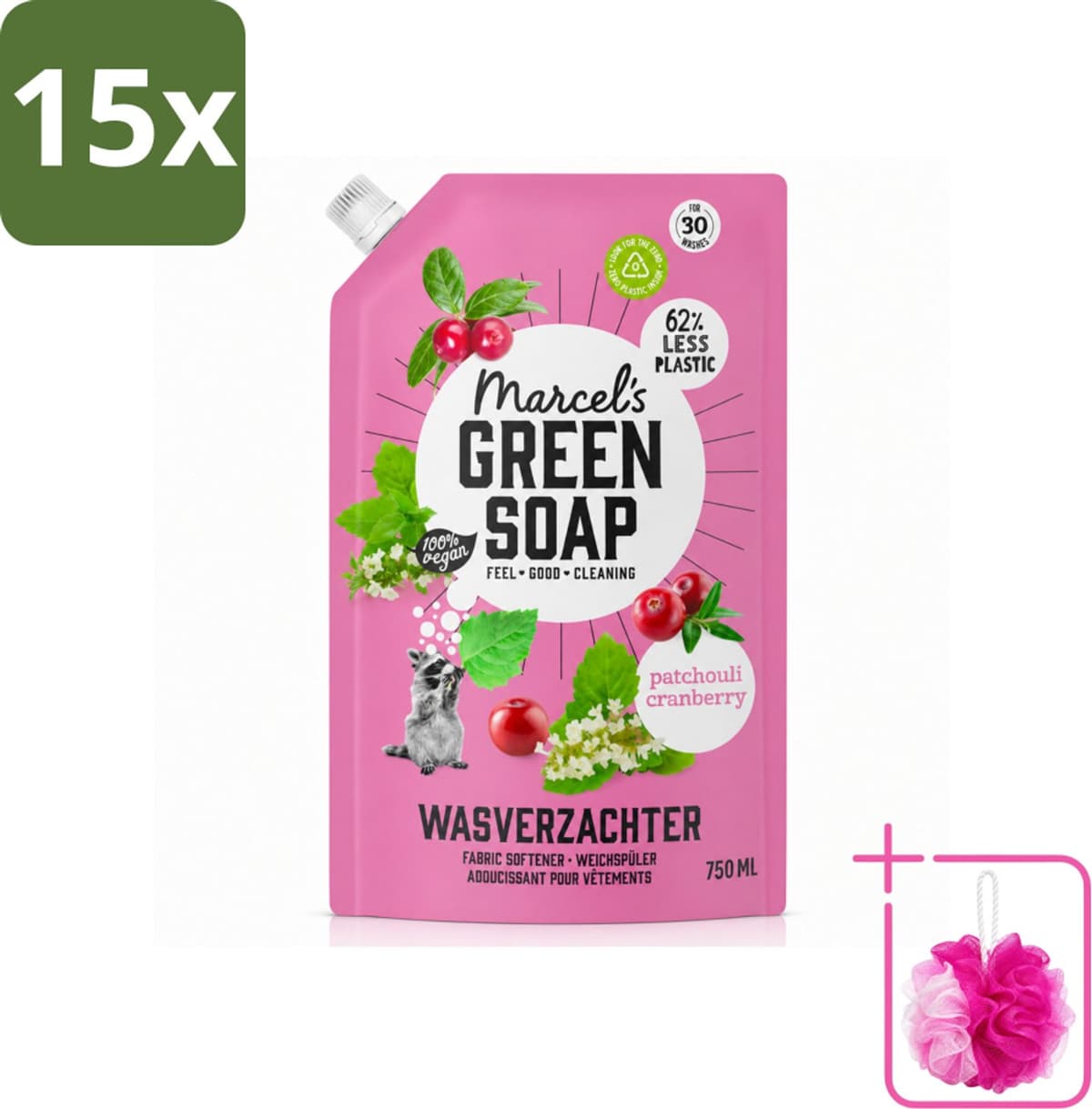 15 x Marcel’s Green Soap – Wasverzachter – Patchouli & Cranberry - Navulling – 750 ml - Bulkverpakking - Wasverzachter - Douchemop - Navulling — afbeelding 1