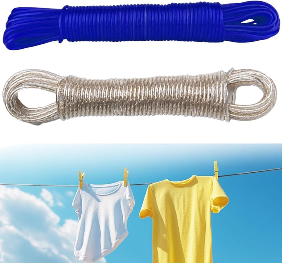 20 meter waslijn, met kunststof gecoate stalen metalen kern, waslijn om buiten op te hangen, robuuste outdoor-waslijn, robuust, draagbaar voor gebruik binnen en buiten — afbeelding 1