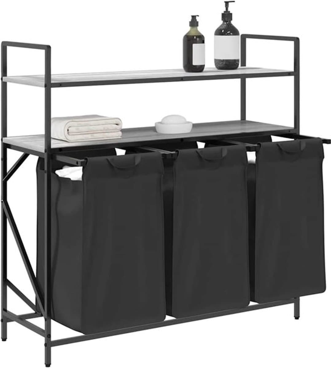 Wasmand – Wasbak – Wasrek – Wasopvang – Wascontainer – 3 Compartimenten – Stalen Frame Met Houten Planken — afbeelding 1