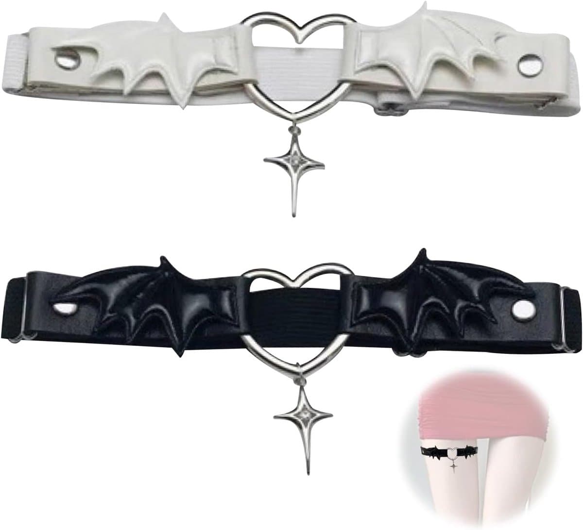 2 stuks kousenband voor dames, PU-leer, punk, hart, vleugels, met hanger, verstelbaar, ring voor gothic, cosplay, Halloween, carnaval, feestaccessoires (zwart, wit) — afbeelding 1