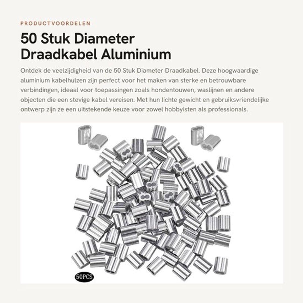 Draadkabel 50 Stuks - Aluminium Kabeldraad - Zilveren Krimpring-Hulsklem - Geschikt voor Hondentouw/Waslijn - Diameter 8 mm - Laag Gewicht/Hoge Prestaties - Staaldraad — afbeelding 1