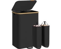 SONGMICS Wasmand met deksel, 150 liter, 2 vakken, bamboe frame