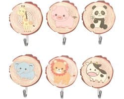 Dailygoods- Haken 6 Stuks - Zelfklevende Houten Dierenhaken - Wandhaken voor Kleding/Sleutels/Hoeden - Kindvriendelijk/Milieuvriendelijk - Maximaal 2,5 kg Belastbaar - Kinderhaken