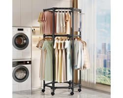 Dubbel Laags Hexagonaal Droogrek met 360 Graden Rotatie en Verplaatsbare Bodem voor Thuis, Slaapkamer en Balkon, Ideaal voor Kleding en Handdoeken