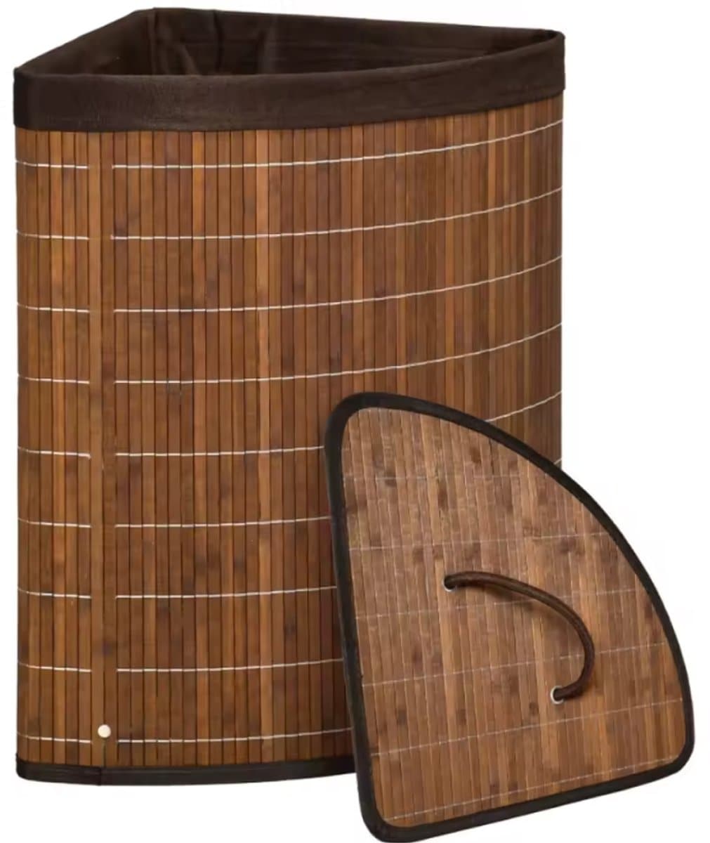 Bamboe Wasmand Hoekmodel met Deksel - 55 Liter - Hoekwaskorf Inklapbaar - Bruin — afbeelding 1