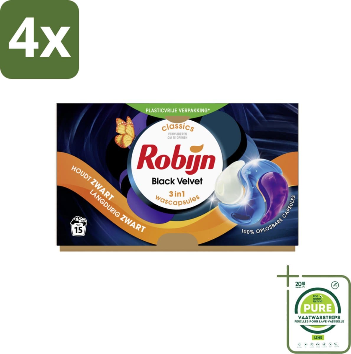 Robijn Wascapsules 3-in1 Black Velvet 15 stuks per verpakking - Voordeelverpakking - 4 stuks - Zwarte was - Zwart kleding — afbeelding 1