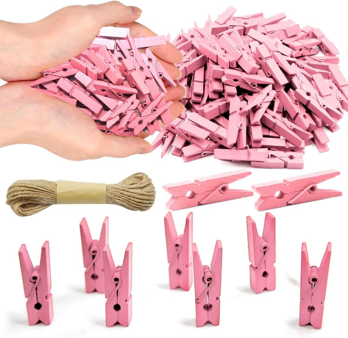 100 Mini Houten Knijpers met Jute Touw - Fotoklemmen en Decoratie Clips — afbeelding 1