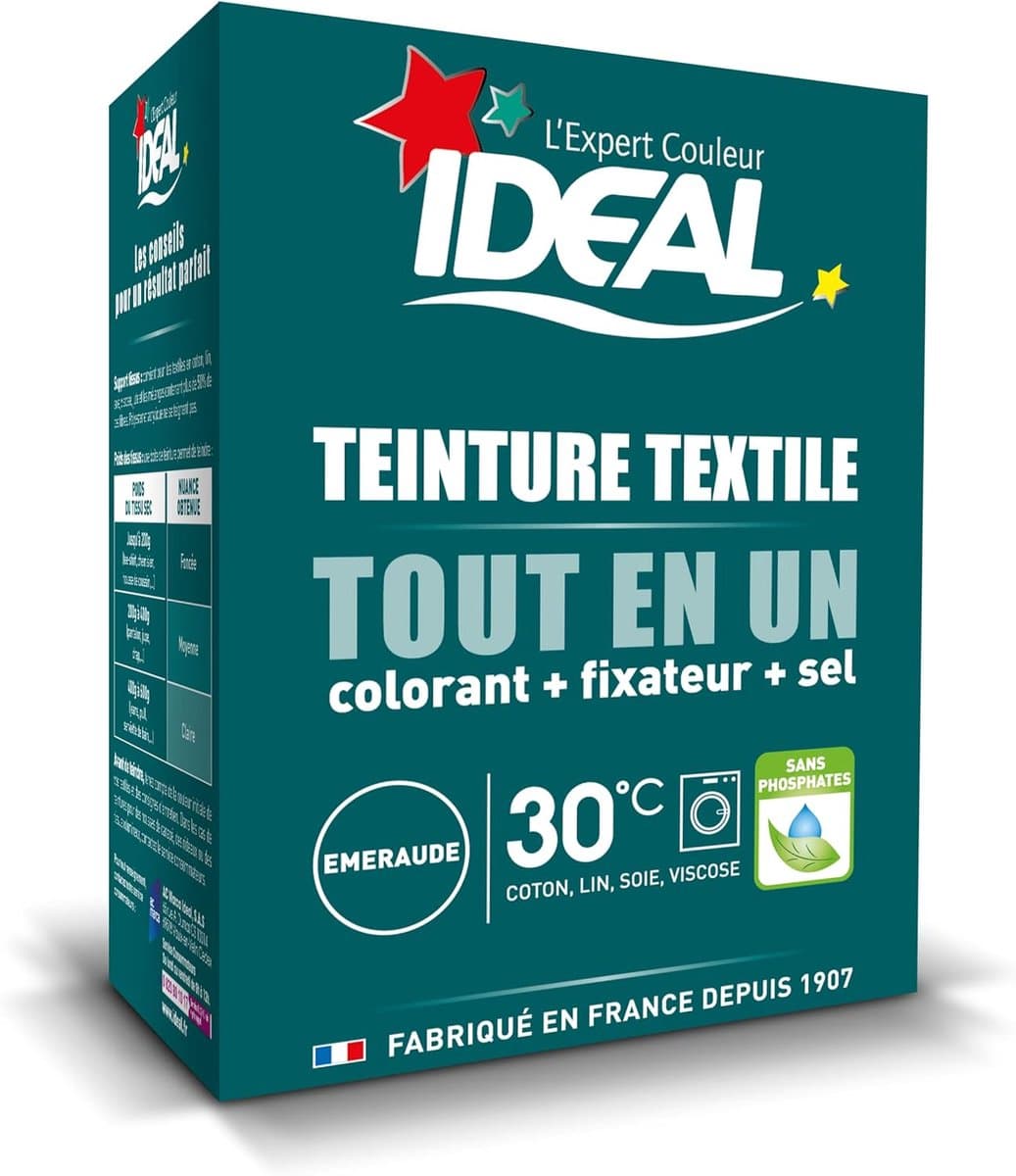 IDEAL All in One Textile Dye 230g Emerald – Complete Textielverf met Fixatief & Zout – Diep Smaragdgroen – Voor Katoen, Linnen & Viscose – 40°C – Made in France — afbeelding 1