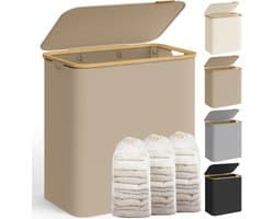 SONGMICS LCB515N02 - Wasbox met 3 Vakken - Opvouwbare Wasmand - Met Bamboe Handgrepen en Uitneembare Zak