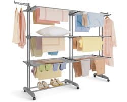 Wasdroger – 4-laags – Op wielen – Inklapbaar – Duifgrijs – Voor binnen- en buitengebruik – 63,5 x 128 x 173 cm