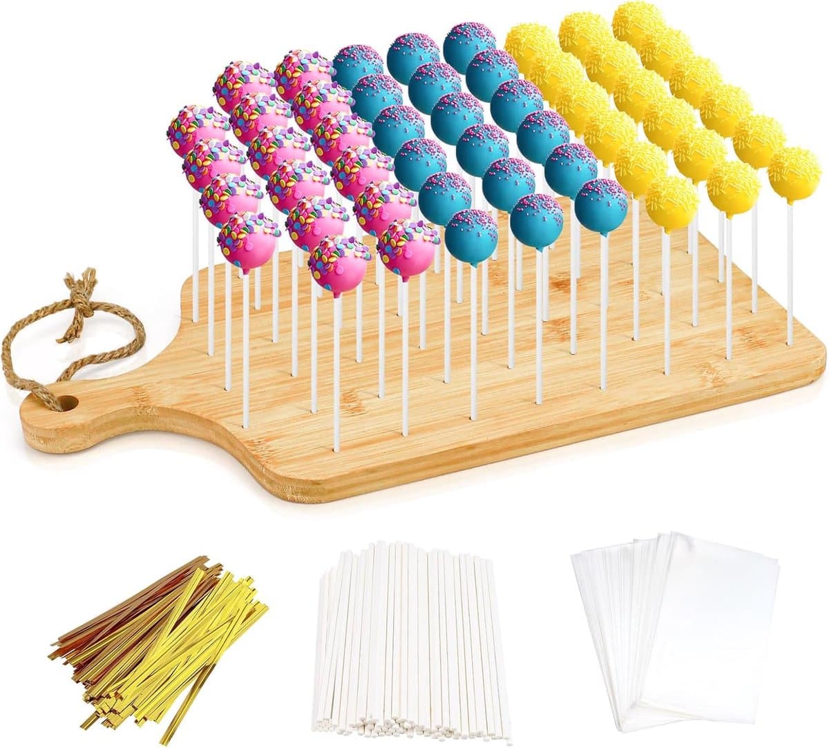Bamboe Taart Popstandaard - Cakepop Standaard voor Verjaardagen, Feestdagen en Bruiloften met Lollyhouder - Inclusief Cakepopsticks en Wikkels - 52 Gaten — afbeelding 1