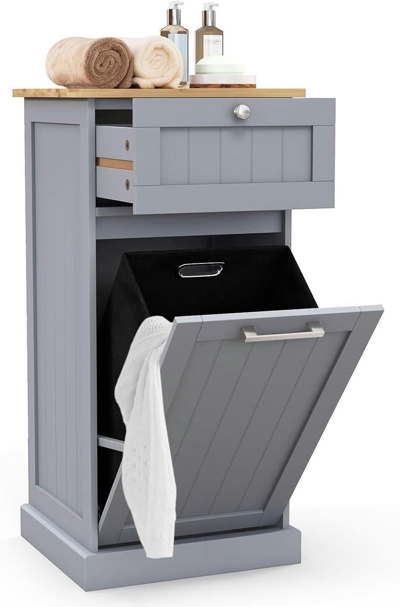 GIANTEX Waskast met lade en uittrekbare wasmand, houten kast voor vuile kleding, 40 x 37 x 82 cm, opbergmeubel voor badkamer, waskeuken (grijs) — afbeelding 1