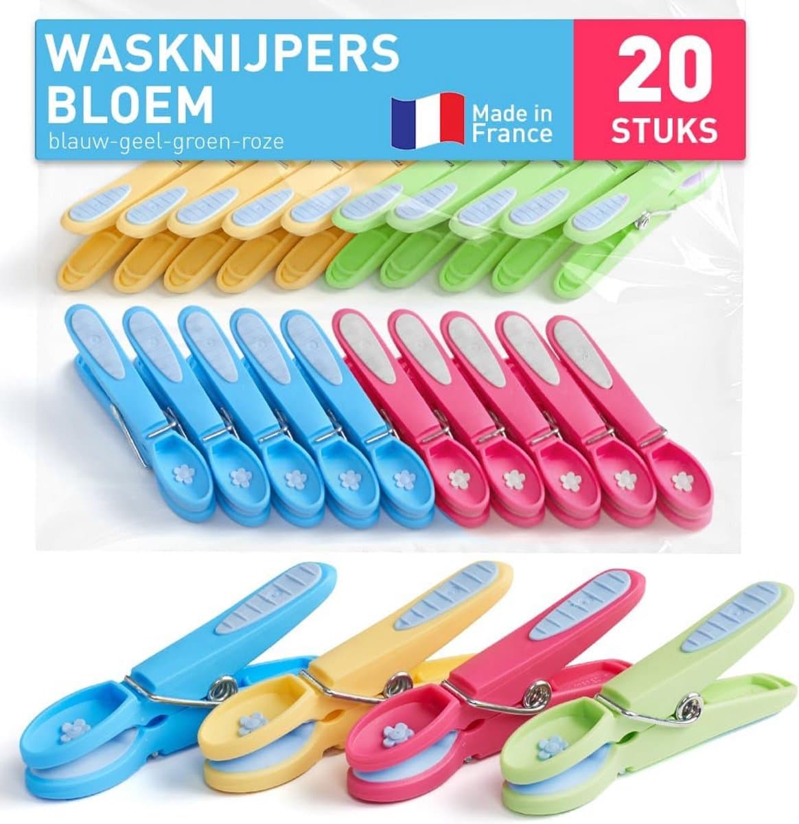 Bloem Wasknijpers 20 Stuks in Blauw, Geel, Groen en Roze - Premium Kwaliteit Kledingknijpers voor Wasgoed — afbeelding 1