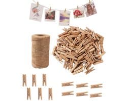 JeiibrZui Jute Koord 100 M - Houten Wasknijpers - Fototouw Met Clips Voor DIY Decoratie - 10 Stuk - Natuurlijke Kleuren