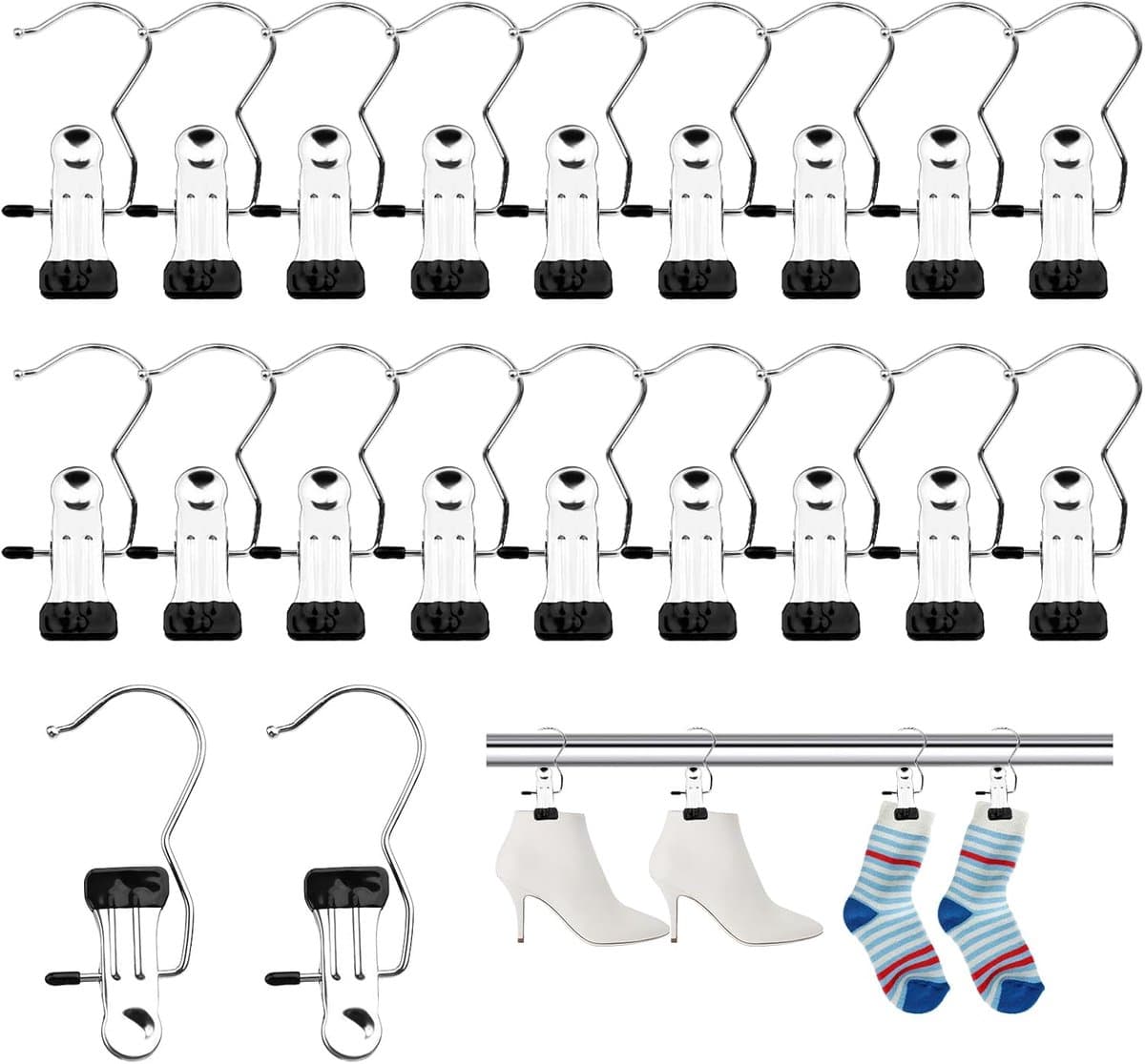 Set van 20 stuks antislip roestvrijstalen wasknijpers, 360° draaibare kledinghangerklemmen, washaken voor broeken, schoenen, handdoeken, sokken (zwart) — afbeelding 1