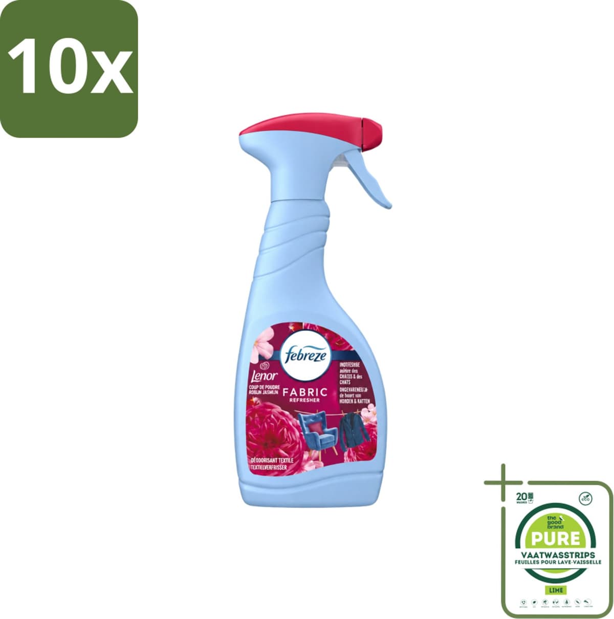 10 x Febreze – Textielspray – Robijn Jasmijn – 500 ml - Grootverpakking - Vaatwasstrips - Textielverfrisser - Textielgeur - Geurverwijdering - Jasmijngeur - Robijngeur — afbeelding 1