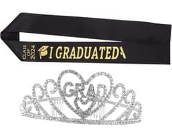1set Afstuderen Sash Kroon Glitterende Afstudeerkleding Met Unieke Ontwerpen Geschikt Afstudeerceremonie Inclusief Zilveren Kroon Zwarte Sash