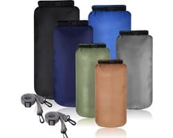 Set van 6 waterdichte droogtassen, combinatie van waterdichte tassen, lichtgewicht, 20 l, 15 l, 10 l, 8 l, 5 l, 3 l, verstelbare schouderriem voor kajakken, wandelen, kamperen, Donkere kleur, 20L, 15L