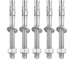 5 stuks expansieankers, 1/2 inch x 5 inch roestvrijstalen ankerbouten voor beton, robuuste standaard bevestiging voor muurbevestiging van cement (inclusief sluitringen, zilverkleurig)