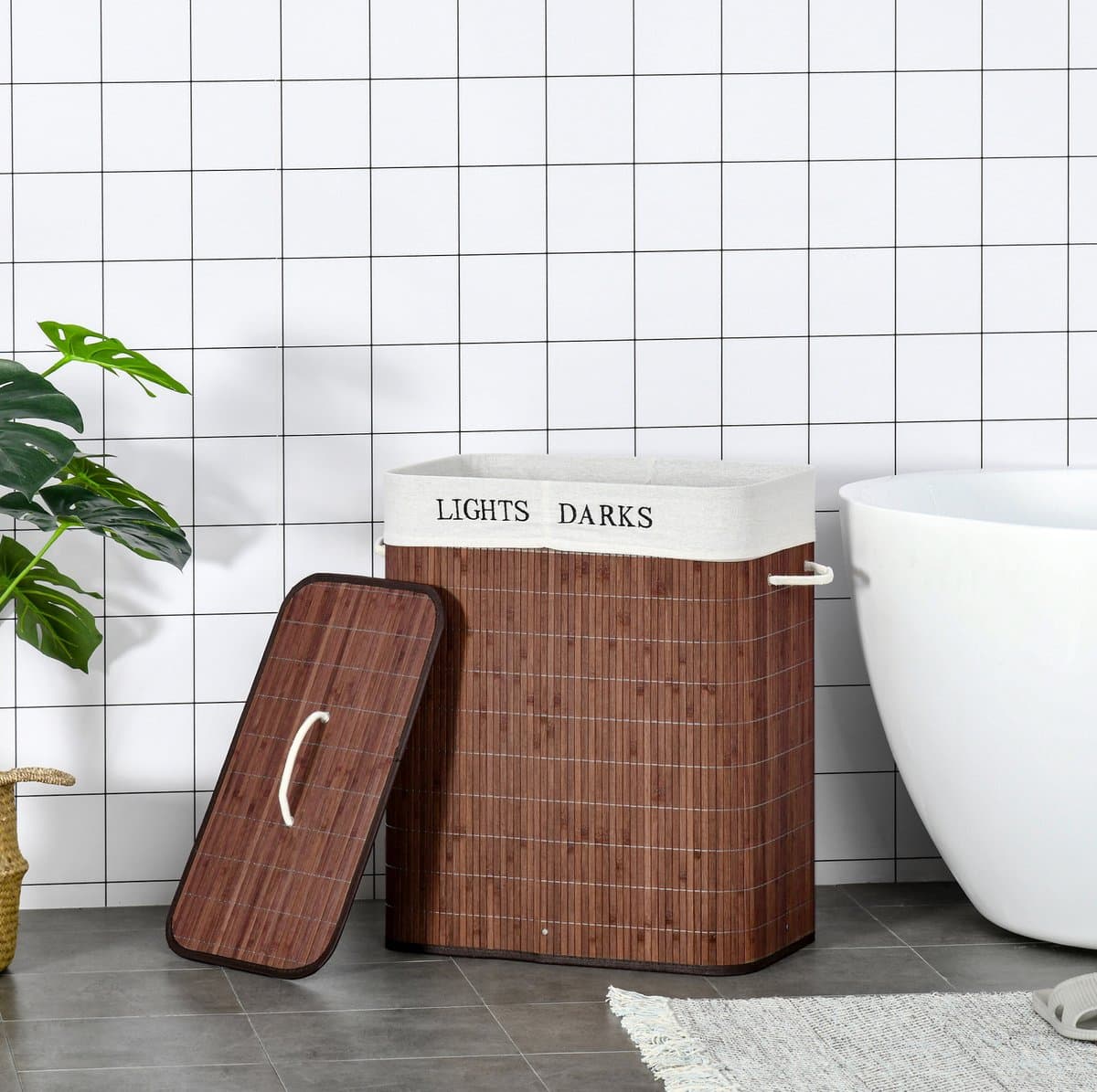 MEUNIQ Wasmand 100L met deksel en 2 vakken, bamboe wassorteerder met afneembare waszak, wasbaar binnenvak, 3 handgrepen en opvouwbaar ontwerp, bruin — afbeelding 1