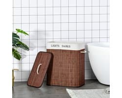 MEUNIQ Wasmand 100L met deksel en 2 vakken, bamboe wassorteerder met afneembare waszak, wasbaar binnenvak, 3 handgrepen en opvouwbaar ontwerp, bruin