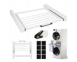 Tussenstuk voor Wasmachine & Droger - Stapelkit Wasmachine en Droger - met Uitschuifbare Plank - 10 kg - 4 Antislip Pads - Universeel - Ruimtebesparend - Stapelkit met Verschuifbaar Handdoekhouder - Voor Kleine Wasruimtes - Wit