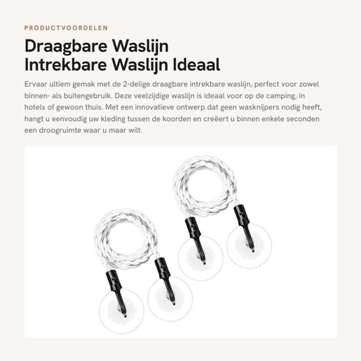 Waslijn Intrekbaar - Draagbaar - Haken/Zuignappen - Campingaccessoires - Voor Binnen/Buiten - Rubberband - Drooglijn — afbeelding 1