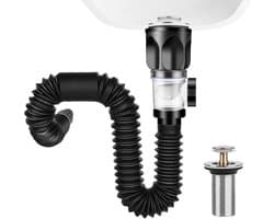 Afvoerset Voor Wastafel | Uitbreidbaar 300-1000mm Sifon | Flexibele Afvoer Met Intrekbaar Filterstop | Zwart | Universeel Voor Badkamer En Keuken | Geurafdicht | Lekvrij | Eenvoudig Te Installeren | Cyslmuk®