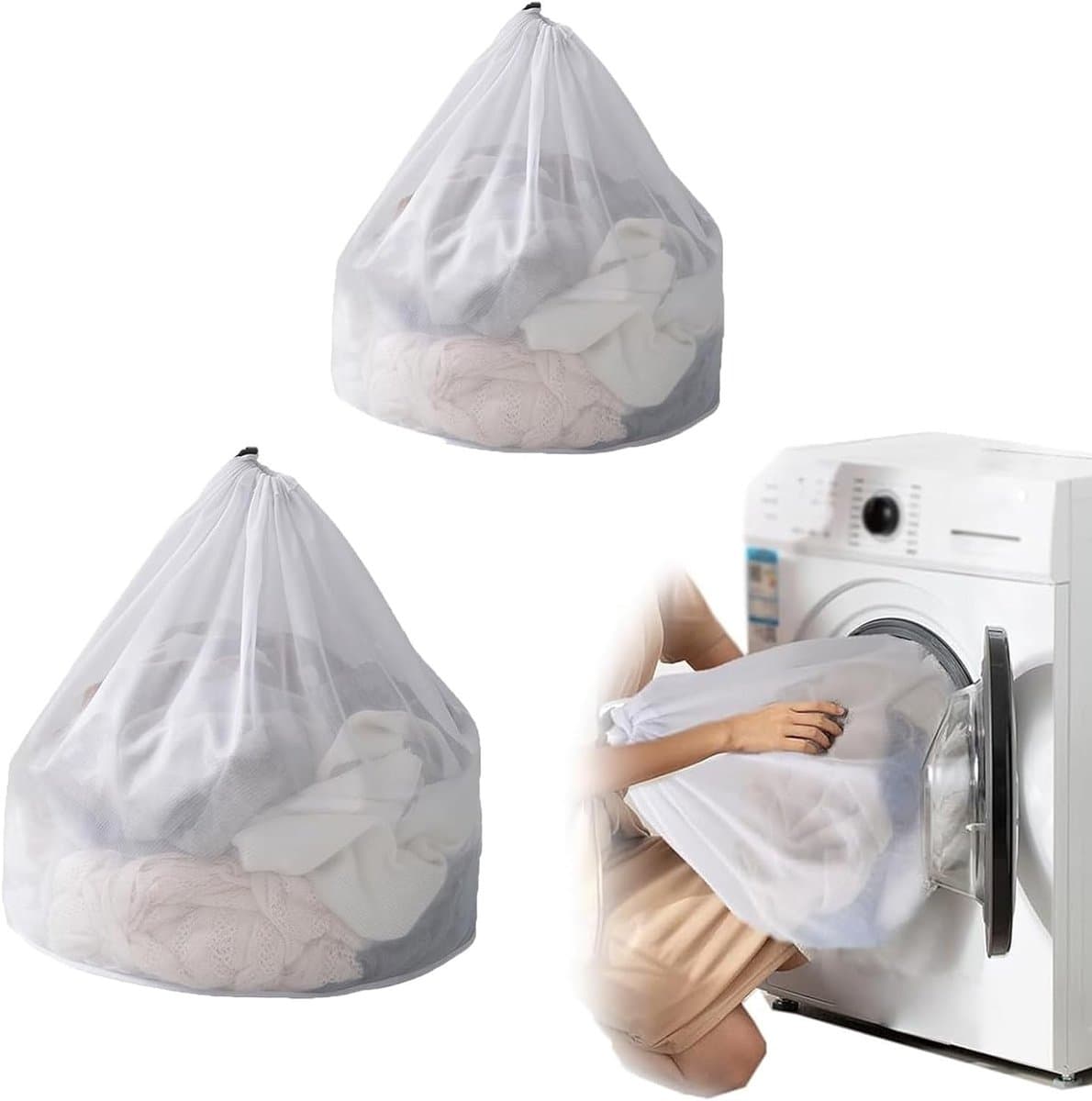 Set van 2 Waszakken, Grote Opbergzakken voor Vuile Was met Trekkoord, Vouwbare Wasmand voor Thuis en Reizen, Ideaal voor Organisatie en Ruimtebesparing (1 stuk 30 cm x 40 cm, 1 stuk 60 cm x 80 cm) — afbeelding 1
