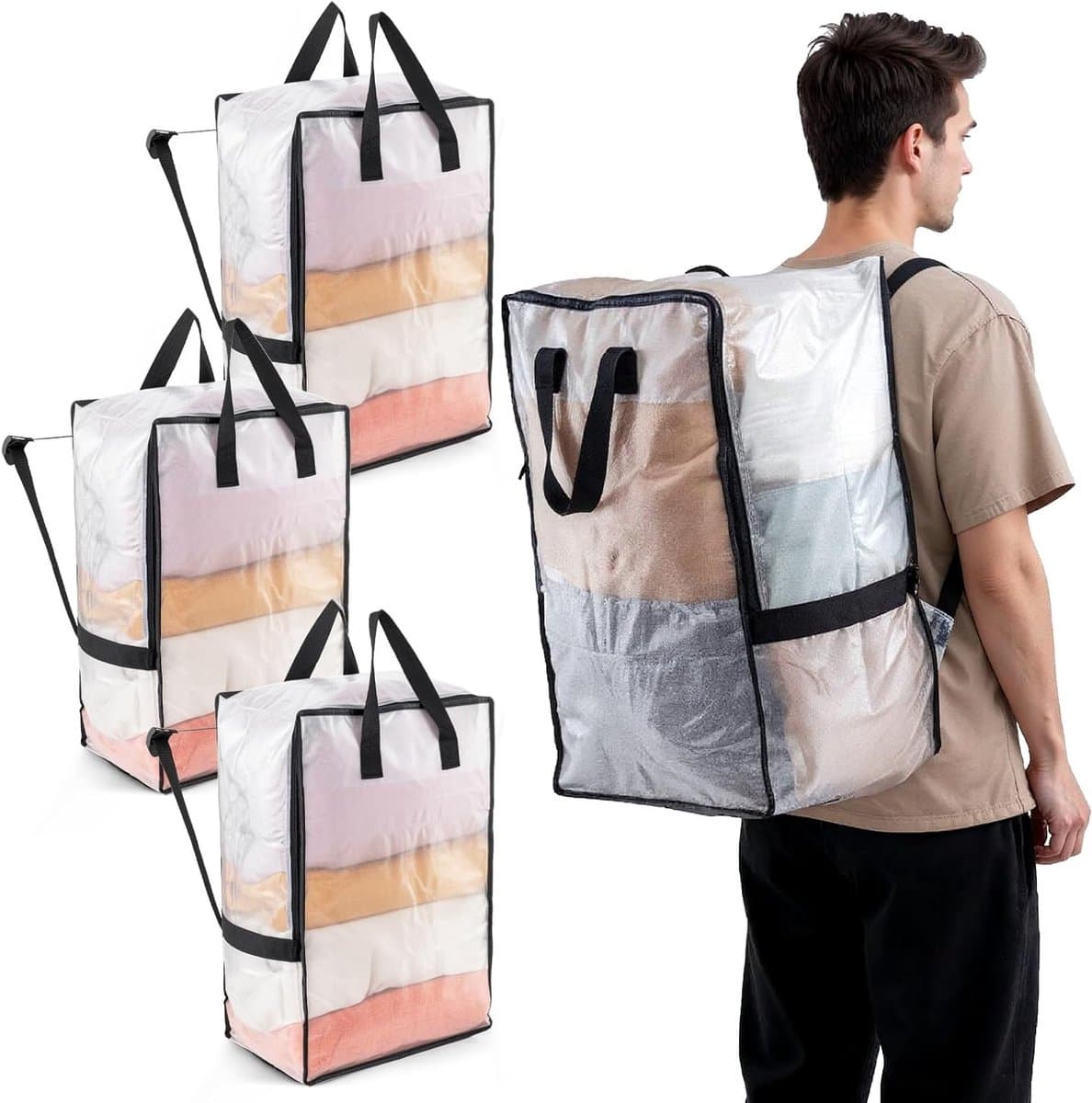 Verticale Opbergzakken voor Kleding, Sterke Handvatten en Ritsen, Waszakken en Reisaccessoires (Doorzichtig, 4 Stuks) — afbeelding 1