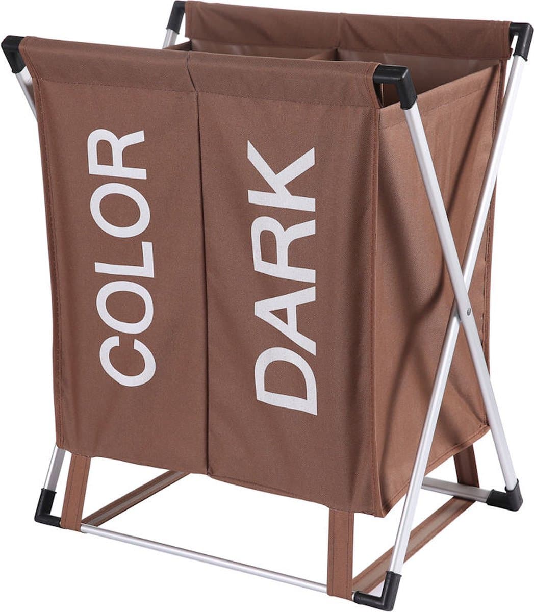 Wassorteerder - 60 L - Wasmand 2 Vakken - Opvouwbare Wasmanden - Wassorteerder 2 vaks - Aluminium Frame - Bruin - Wit — afbeelding 1