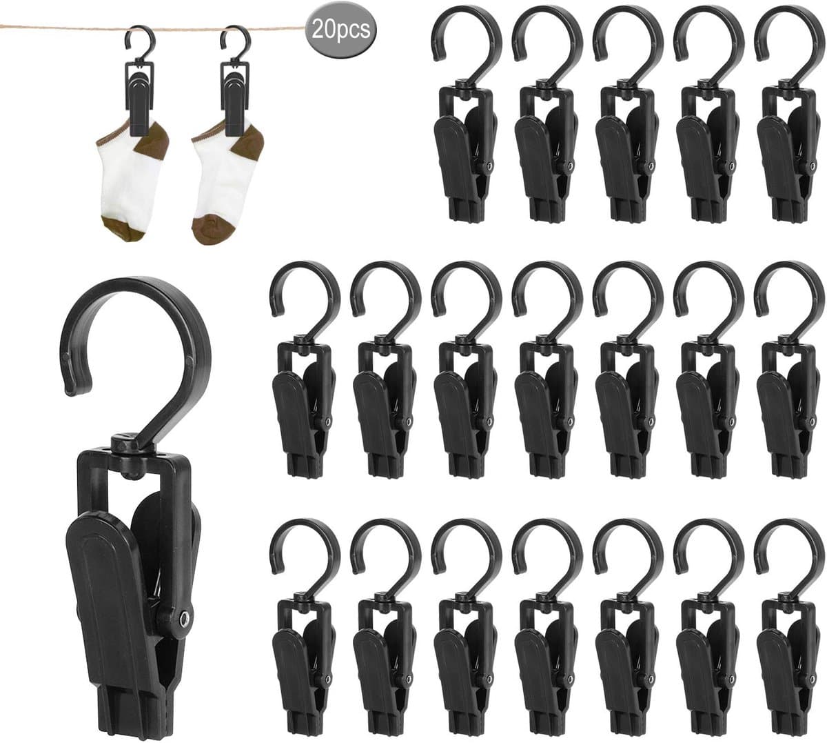 QTTVBTNA -20 Stuks Draaibare Handdoekclips met Haak – Antislip & Roestvrij – Kunststof Wasknijpers voor Binnen en Buiten, Keuken en Badkamer — afbeelding 1