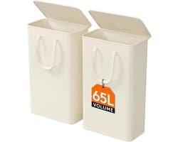 Set van 2 Slanke Wasmanden van 65 Liter – Opvouwbare Smalle Wasmand met Deksel, Verstevigde Bodem en Verlengde Handvatten – Ruimtebesparende Kledingopberger voor Slaapkamer, Badkamer en Wasruimte – Wit