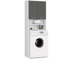 Badkamerkast voor Wasmachine FIN / Hoge Wasmachinekast met 2 Deuren / AKORD Furniture Factory / Wit - Grafietgrijs / 64 x 180 x 30 cm