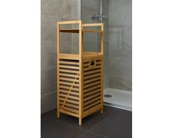 Fameilleur- luxe Bamboe Wasmand-met Kantelfunctie- 25 Liter – 95 cm Hoog – Ruimtebesparende Wasmand voor Badkamer – Met Opbergplateau - Stevig Bamboe – Lichtbruin houten bamboo-wasmand - - bamboe- was mand- groot- douche- kleding mand- kledingmand-