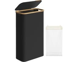 SONGMICS Wasmand met deksel, 65 L – ruimtebesparend, uitneembare waszak, Oxford stof, bamboe handgrepen, opvouwbaar, 42 × 22,5 × 70,5 cm, inktzwart, model LCB506B01