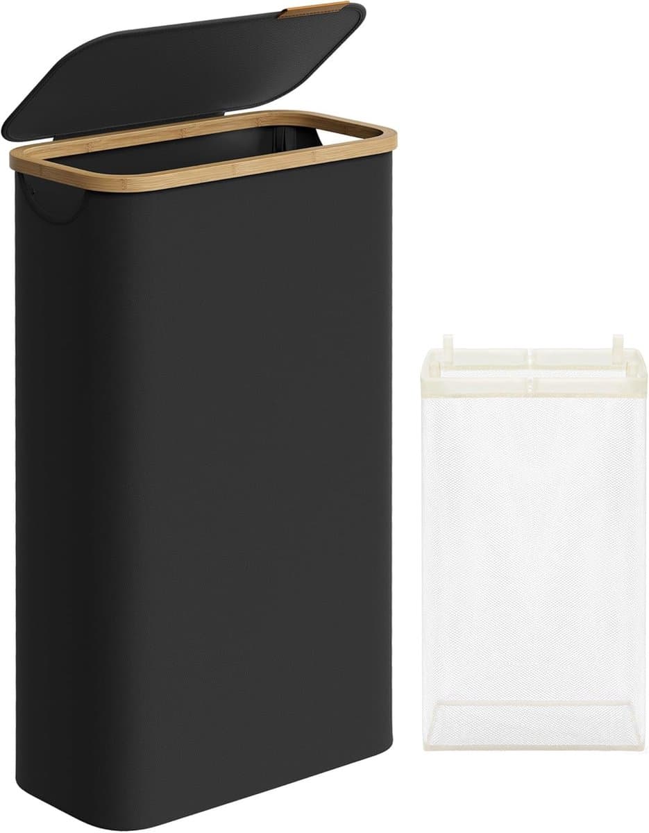SONGMICS Wasmand met deksel, 65 L – ruimtebesparend, uitneembare waszak, Oxford stof, bamboe handgrepen, opvouwbaar, 42 × 22,5 × 70,5 cm, inktzwart, model LCB506B01 — afbeelding 1