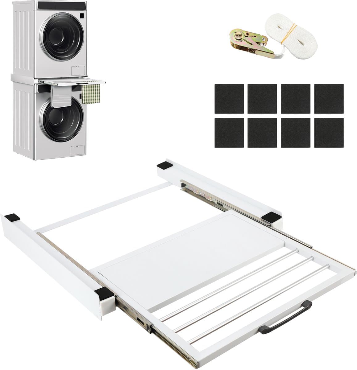 Tussenstuk wasmachine droger - Stapelkit Wasmachine Droger - Max. 30 kg - 60.5x55x8cm - Uitschuifbare Handdoekhouder - Wit — afbeelding 1
