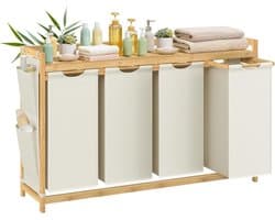 Furnstar wasmand - 4 vakken - Bamboe - Wasverzamelaar 200 l - Wassorteerder met plank -Waszak - Kleine zijzakken -4 x 50 l 1246 x 33 x 78 cm - Cremewit