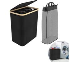 Wasmand 3 vakken - Wassorteerder van bamboe met Oxfordweefsel - Met Deksel opvouwbaar Opbergmand - 140L - Zwart