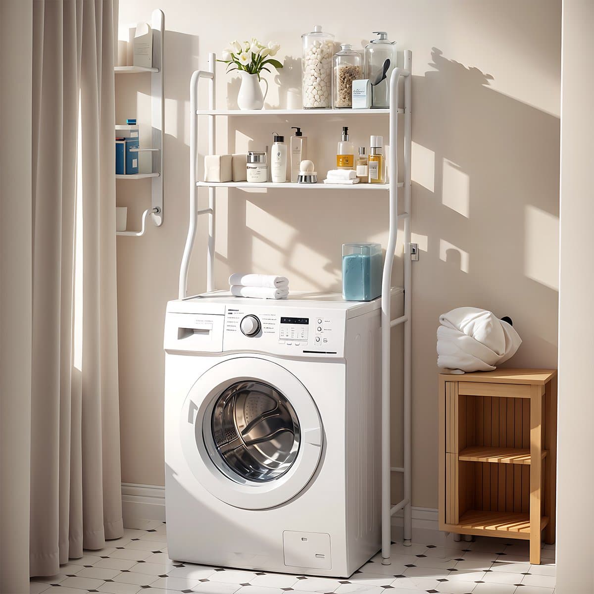CHIWIN Wasmachine Rek Wit - 2 Laags 151 x 66 x 25 cm - Wasmachine Ombouw rek voor Bovenlader - Geen Boren - Robuust Ontwerp - Ruimtebesparend - Snel Montage - voor Badkamer, Toilet — afbeelding 1