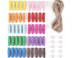 50 Stuks Fotoknijpers - Met 10m Jute String - Mini Knijpers - Kaartknijpers - Foto Knijpers - Knijper Om Foto's Aan Op Te Hangen - Fotohouder - Wasknijpers - Geboorte Wasknijpers - Kleine Houten Mini Knijpers - Voor Fotowand Display Party Decoratie — afbeelding 1